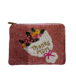 Thanks Mom Coin Beaded Purse - Pink with Beaded Design and Floral Motif