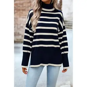 Annva USA Women's Mock Neck Sweater - Long Sleeve Striped Knitwear in Viscose & Polyester Fabric Made in China Tops