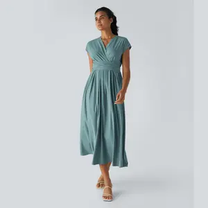 Halara Breezeful V Neck Short Sleeve Side Pocket Tie Back Quick Dry Midi Casual Dress-Longer Length