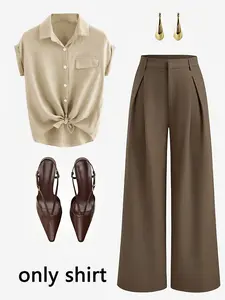 Women's Simple Basic Lapel Button Shirt, Solid Color Short Sleeve Tie Front Blouse Casual Daily Wear, Stylish and Comfortable, Perfect for Everyday Commute