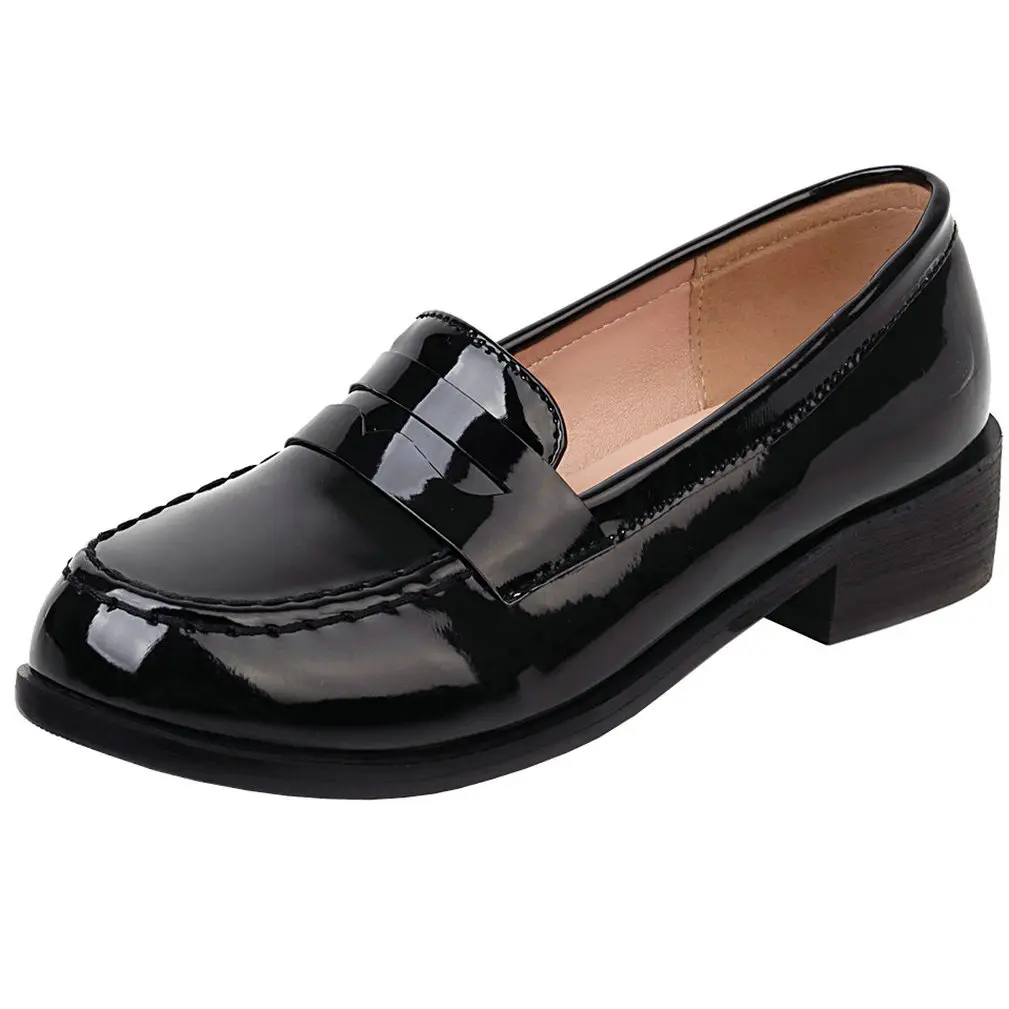 Women's Chunky Patent Leather Loafers, Comfortable Slip-On Platform Fashion Shoes with a Round Toe for Walking, Flats, Walking Shoes, Rubber, Classic, Boat Shoes
