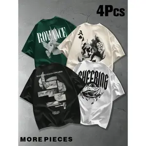 4-piece men's oversized patterned T-shirt set - Retro streetwear heavyweight T-shirt with Gothic pigeon and skull prints, retro Y2K loose off shoulder top, suitable for casual urban wear.RAIMENTRY