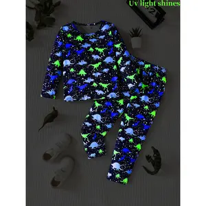 2-Piece Boys Dinosaur Pajamas Set, Glow-in-the-Dark Soft Knitted Long Sleeve T-Shirt and Pants, Blue-Green Dinosaur Print Pajamas, Suitable for Sleepover Parties, Theme Parties, Casual Wear