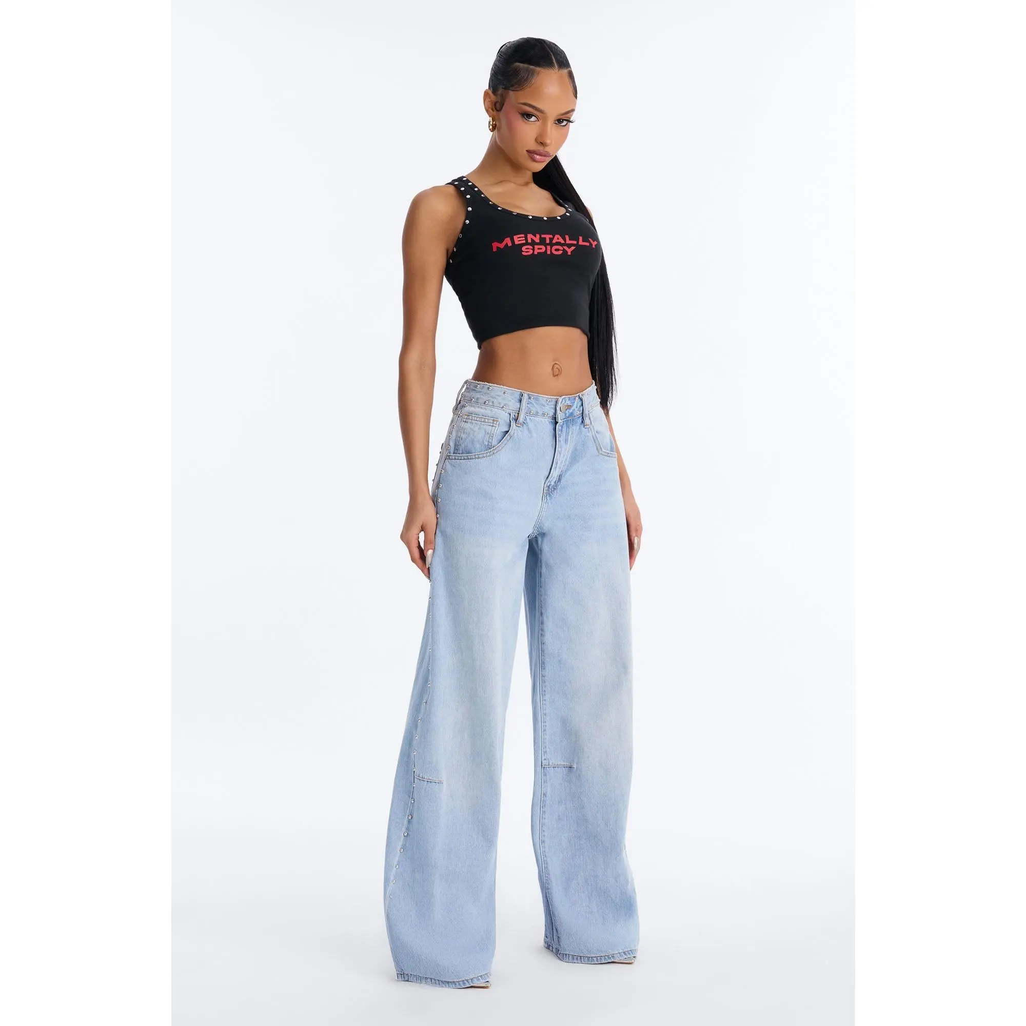 Studded Kiss Embellished Baggy Jeans - Light Wash Studded Kiss Embellished Baggy Jeans - Light Wash