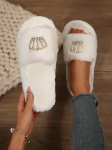 Women's New Faux Fur Home Non Slip Slippers, House Slippers, Fashion Design with Rhinestone Crown Decor, Soft Plush, One-Piece Easy Wear, Fall & Winter Comfort