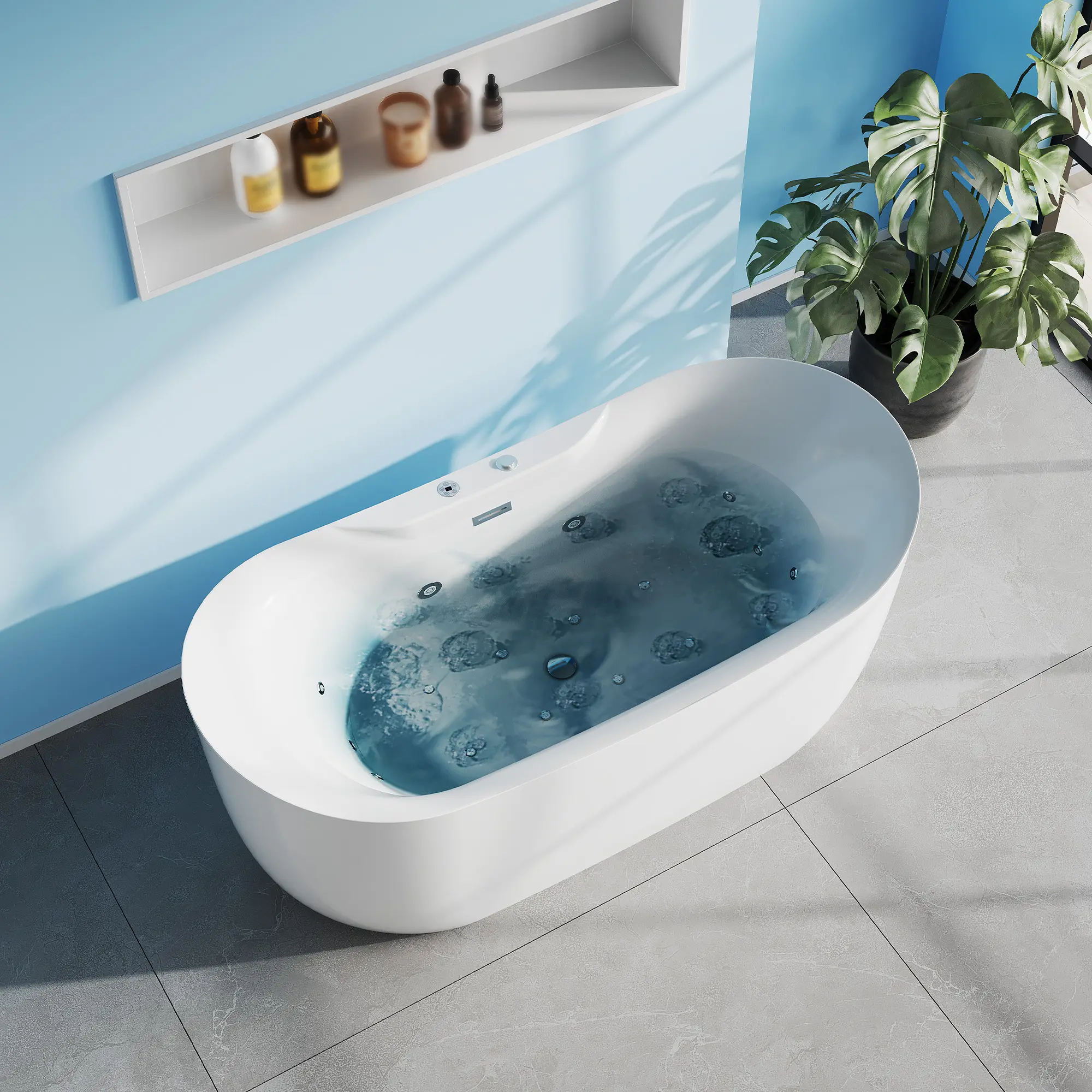 Luxury Freestanding Acrylic Bathtub with Digital Control, Jetted Massage Water & Air Tub, Built-in Heater & Automatic Temperature White Spa Tub