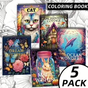 5-Pack Relaxation Coloring Book Set for Adults – Premium Stress Relief Designs Featuring Butterflies, Ocean World, Cats, Enchanted Cottage & Magic Jar – High-Quality Paperback with Clear Lines, Thick Pages for Easy Creative Fun – Ideal for Parties