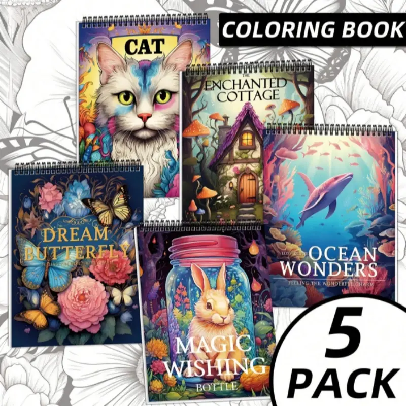 5-Pack Relaxation Coloring Book Set, Coloring Books Set for Adults – Stress Relief Designs Featuring Butterflies, Ocean World, Enchanted Cottage, Magical Elements – Paperback with Clear Lines, Thick Pages for Easy Creative Fun – Ideal for Parties