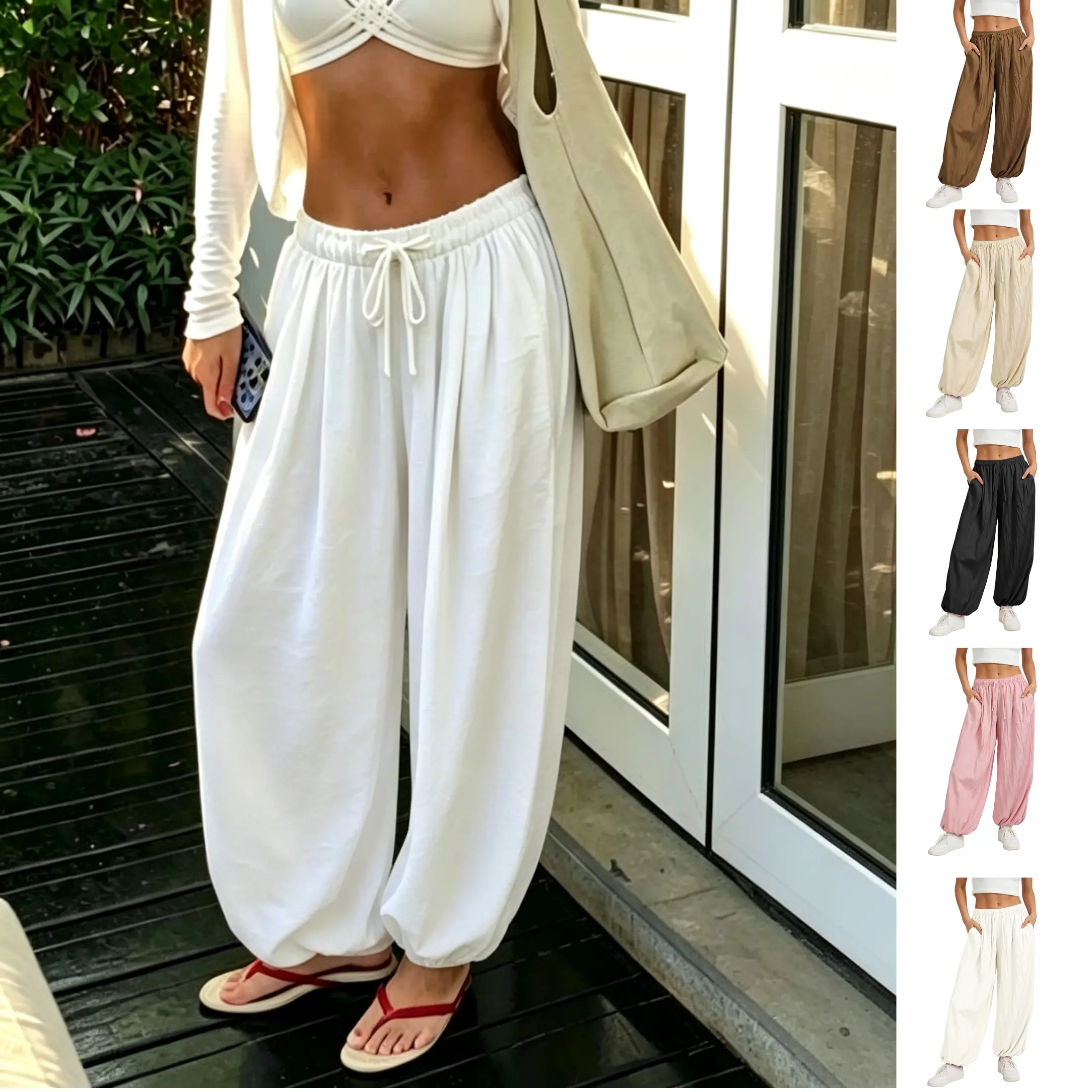 JovenPara Women's Baggy Balloon Bottoms - Basic Wide Leg Trousers with Drawstring, Elastic Waist, Pockets for Casual Lounge Wear, Bottom, Baggy Pants, Balloon Shape, Feminine Baggy Clothes, Elastic Stretch