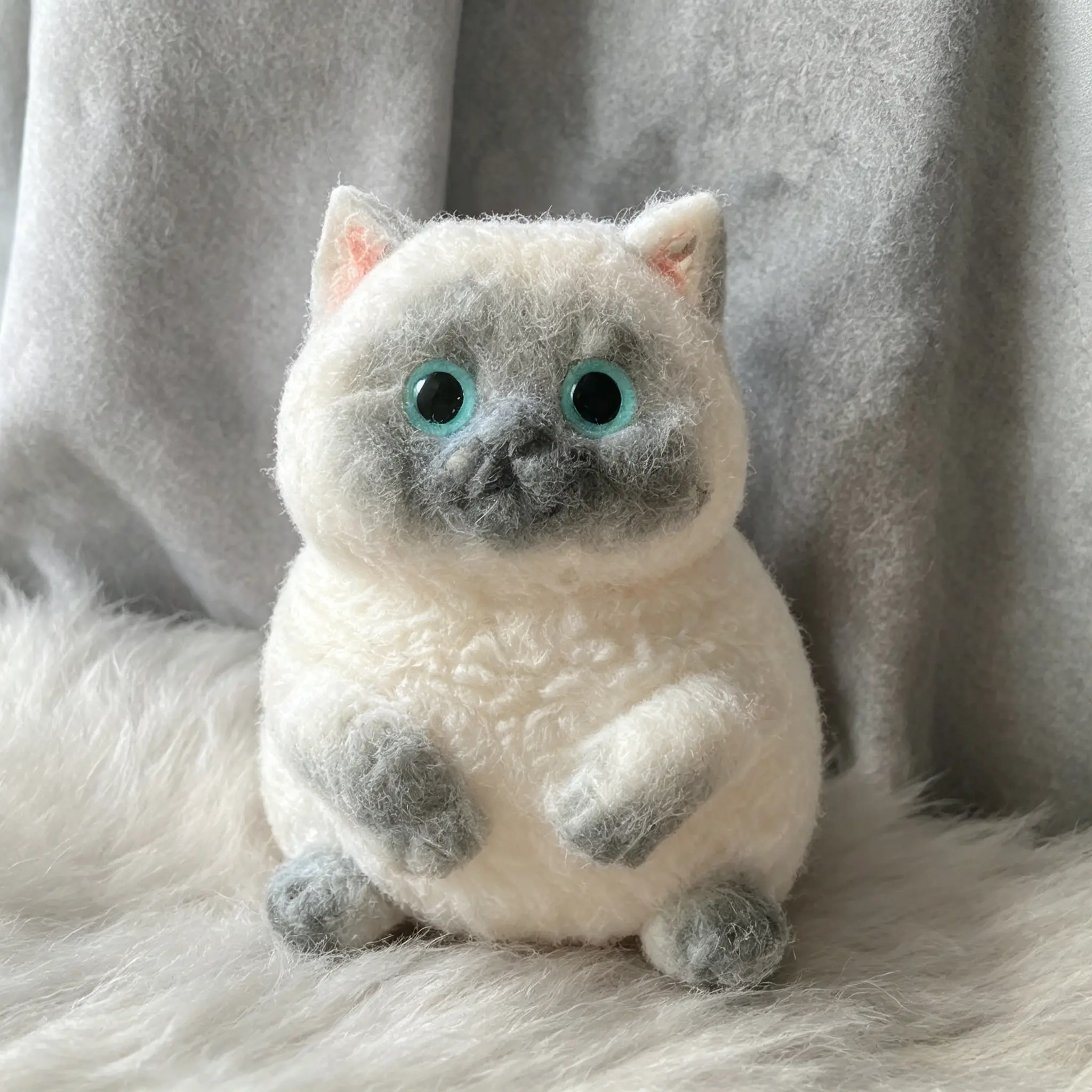 Realistic Furry Siamese Cat Squishy Toy - Super Soft Plush-Textured Stress Relief Squeeze Fidget, Round Grey-Point Features, Bright Blue Eyes, Calming Slow-Rebound Cat-Themed Accessory, Fidgets