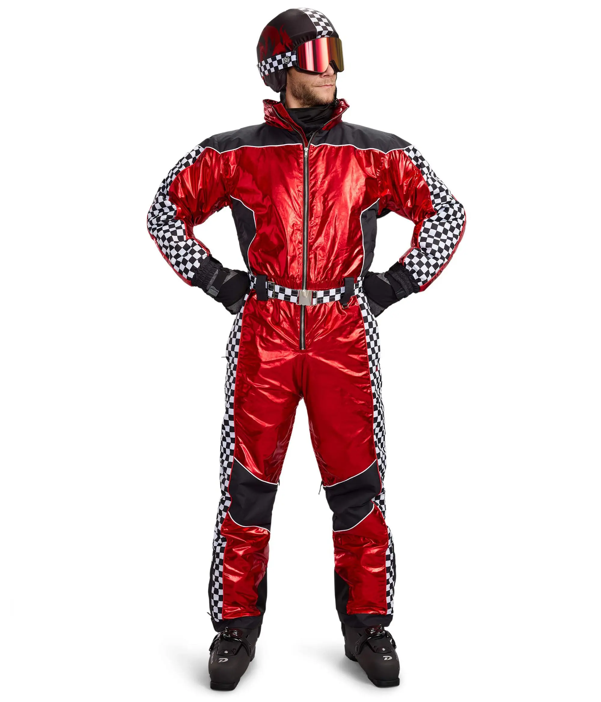 Men's Snow Suit with Helmet Cover, Menswear Clothes Featuring Checkered Fabric and Integrated Belt for Sports & Outdoor Activities, Metallic, Pants, Protective, Pockets