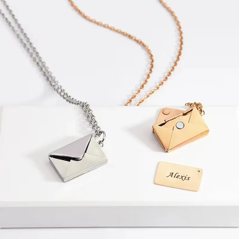 Custom Engraved Envelope Necklace Sterling Silver and Gold Plated