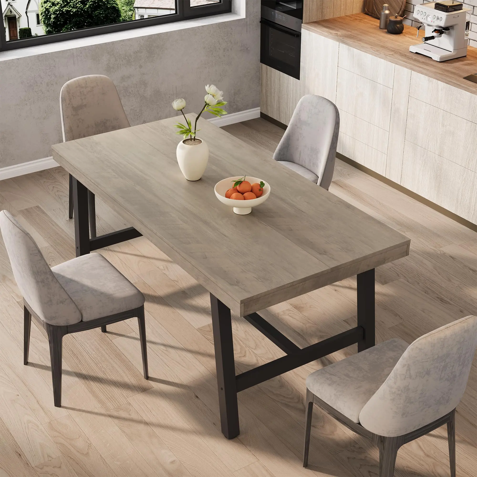 Grey Industrial Dining Table for 4-6 People, 63" Long Wooden Kitchen Table with Sturdy Metal Frame & Grey Finish - Seats 4 Rectangular Counter for Dinner, Kitchen, Dining Room（Only Table）
