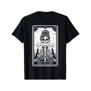 Graphic vintage tee [Fast Arrival] Cat Lady Tarot Card Skeleton Kitten Lover Cat Lover T-Shirt for Men Women