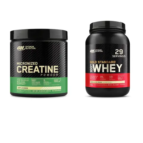 Optimum Nutrition Gym Training Supplements Bundle - 60-Serv 5g Fast-Mix Micronized Creatine Powder, 2lb 24g World’s #1 Muscle Protein Whey Powder, Anytime Protein Snack (Banned Substance Tested)