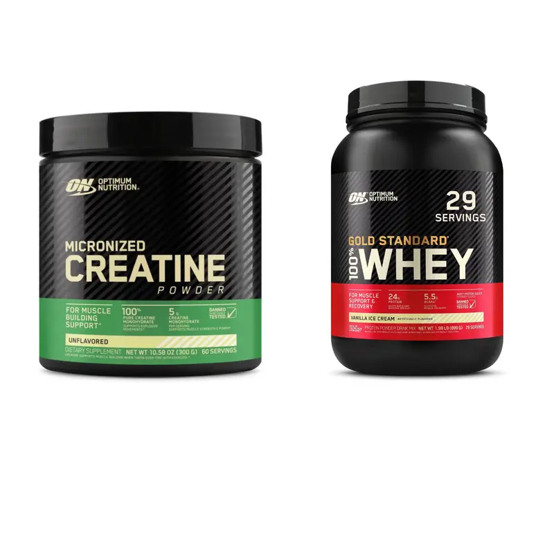 Optimum Nutrition Gym Training Supplements Bundle - 60-Serv 5g Fast-Mix Micronized Creatine Powder, 2lb 24g World’s #1 Muscle Protein Whey Powder, Anytime Protein Snack (Banned Substance Tested)