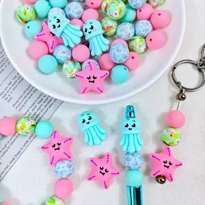 56 Silicone bead ocean starfish jellyfish DIY craft kit, suitable for making jewelry, earrings, necklaces, bag chains, phone straps, makeup brush keychain accessories - ideal for Christmas gifts and holiday presents