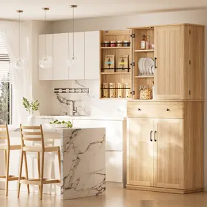 Kitchen Pantry Cabinet, 72" Tall Kitchen Storage Cabinet with Fluted Doors and Large Drawer, Freestanding Buffet Sideboard with Adjustable Shelves and Anti-fall Bars, Coffee Bar Station for Kitchen, Dining Room, Oak