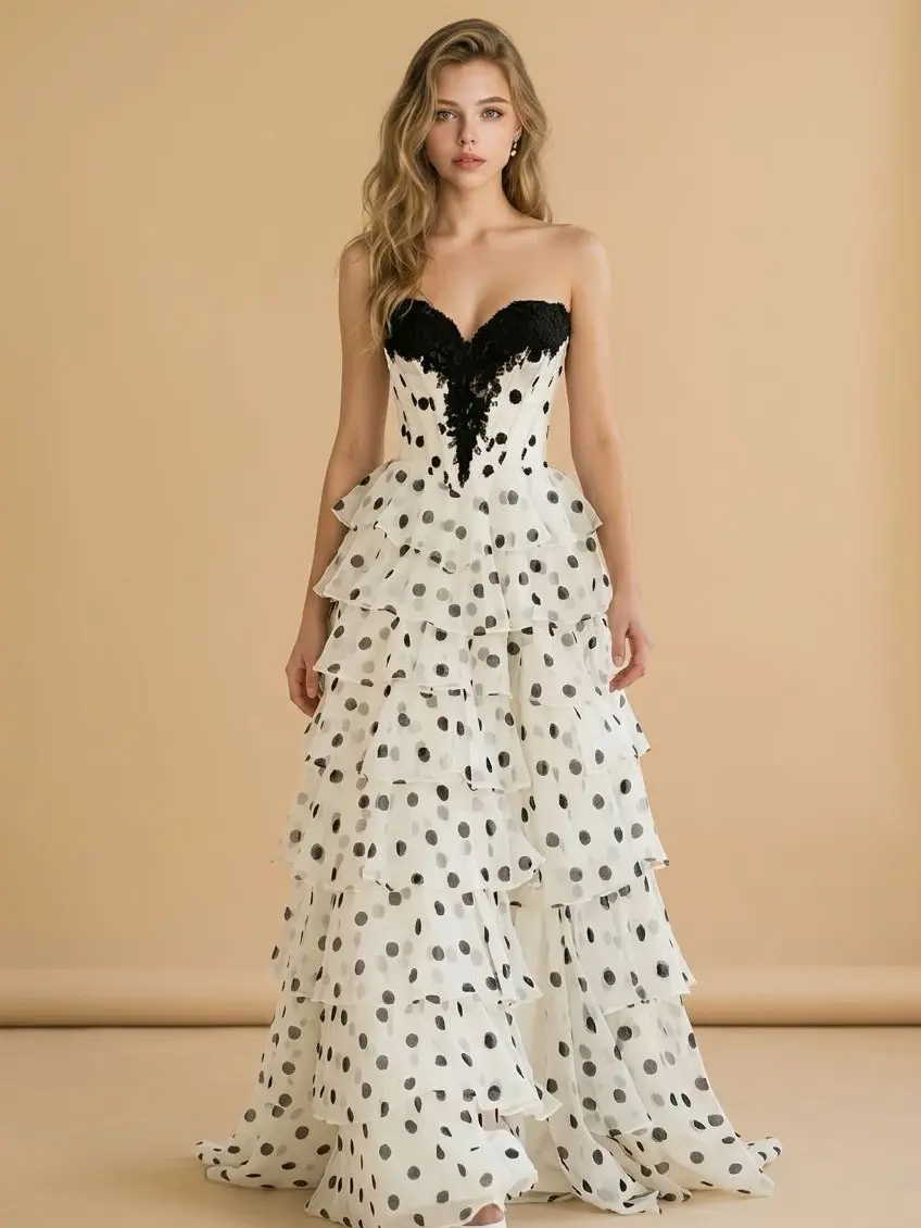 #3723 Strapless polka dot ballgown with corset bodice, lace details, chiffon ruffle gown, and a skirt slit.