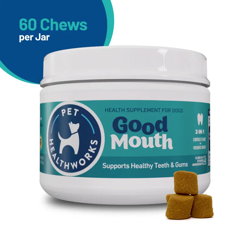 Good Mouth Dog Dental Chews - Cheeseburger Flavor Soft Treats for All Ages, Tasty & Easy to Give, No Brushing Required, Clinically Studied Ingredients to Fight Plaque & Tartar, Promote Fresh Breath, 60 Count