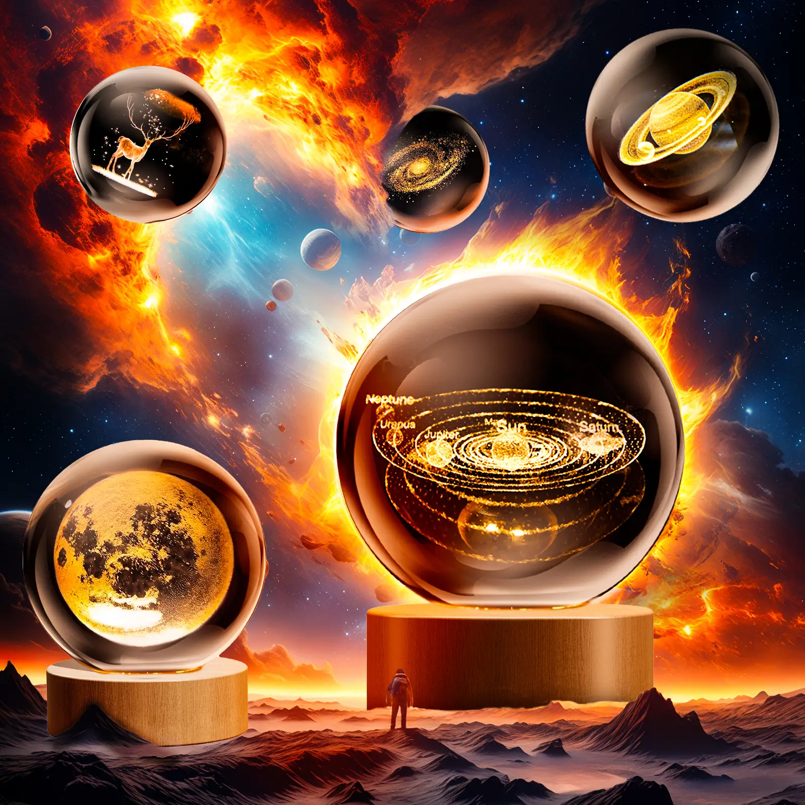 Set of 5 Space Series Glass Globe 2.64 inch Night Lights Saturn Moon Solar System Deer Bday Gift Astrophile Desk Lamp Home Decor Gift Idea
