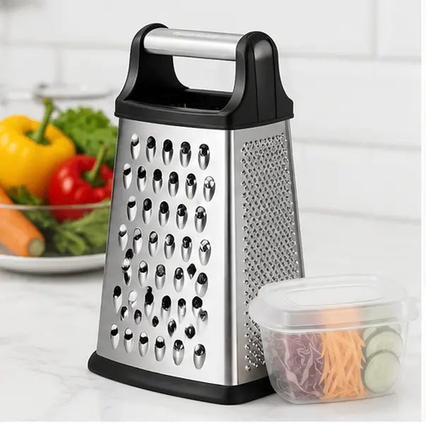Cheese Grater, Handheld Box Grater with Container & Lid | 4-Sided Stainless Steel Kitchen Grater, Wavy Julienne, Slicer, Coarse Shred & Fine Zester, Non-Slip Base, Dishwasher Safe, 8 Inch