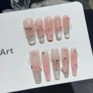 10-piece set | TRUTH AMOR Girl's Season Blush Long Ladder-shaped Wearable Nails, Stylish Acrylic Nails | Bowknot & Cat's Eye, Whitening & Premium Feel・Removable | For daily outings, date check-ins, must-choice for sweet style lovers,Christmas Gift