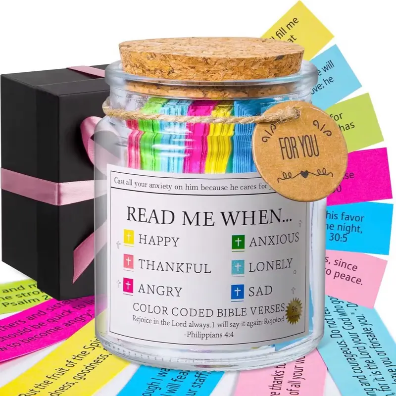 Bible Verses Jar - Christian Gift with "Read Me When" Notes for Key Emotions (Happy, Sad, Anxious), Memory Verse