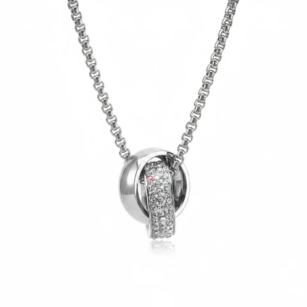 Triple Interlocking Ring Pendant Necklace, Silver-Tone Steel Necklace with Clear Pavé Accent Stones, Minimalist Modern Jewelry for Women & Men