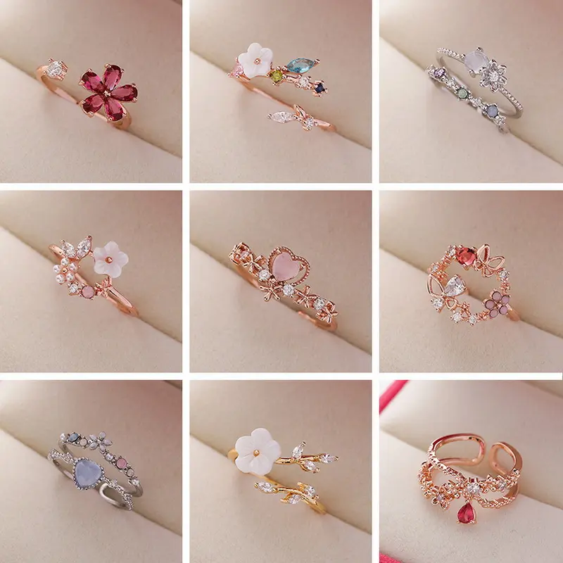 Women's Small Korean Floral Motif Ring - Delicate Metal Coating Jewelry with Micro-Inlaid Crystal Zircon for Daily, Party Wear, Flower