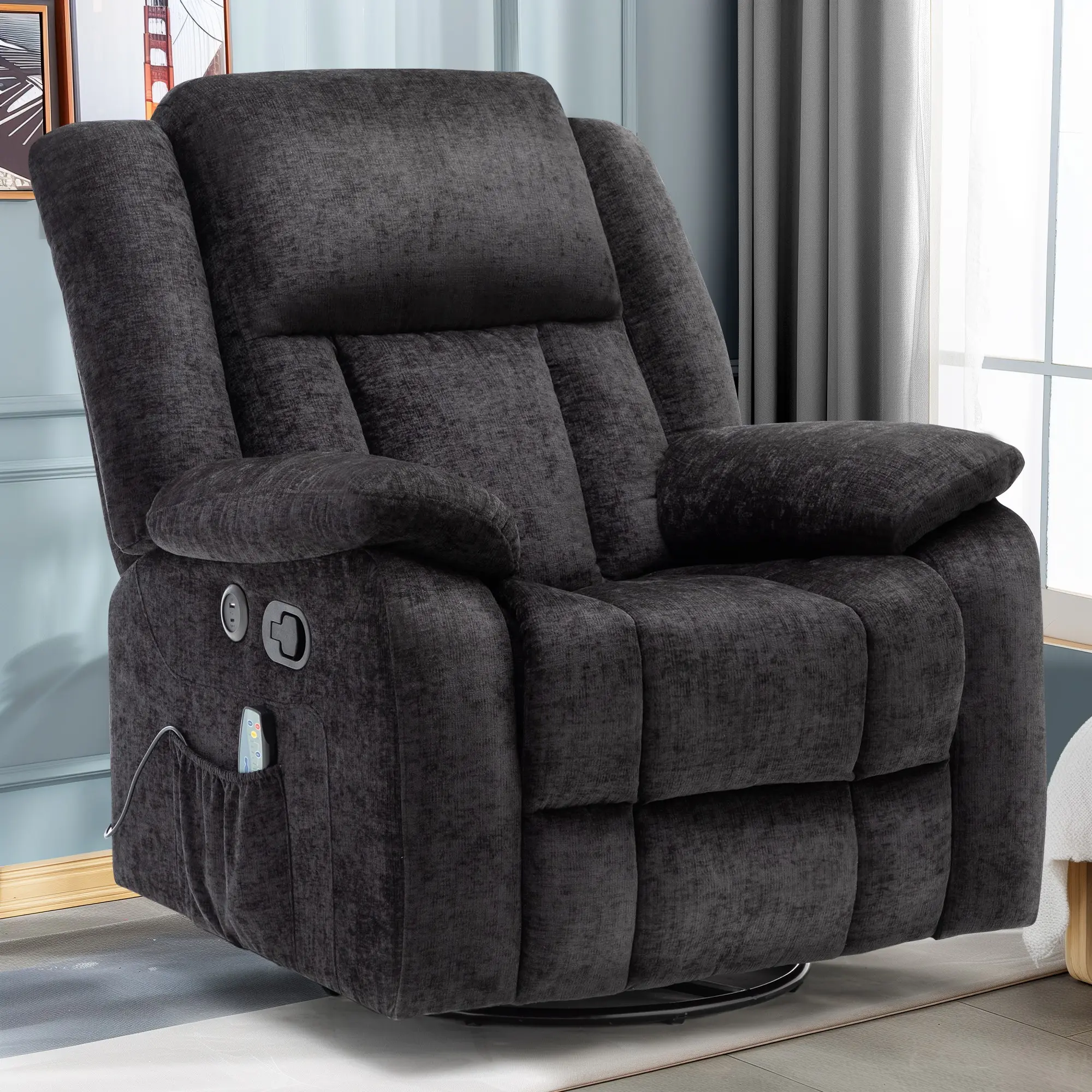 Korser Rocker Recliner Chair 360° Swivel with Massage Heating Side Pockets USB Chenille Fabric Comfortable Heavy Duty Design Adjustable Modern Reclining Reclining Backrest
