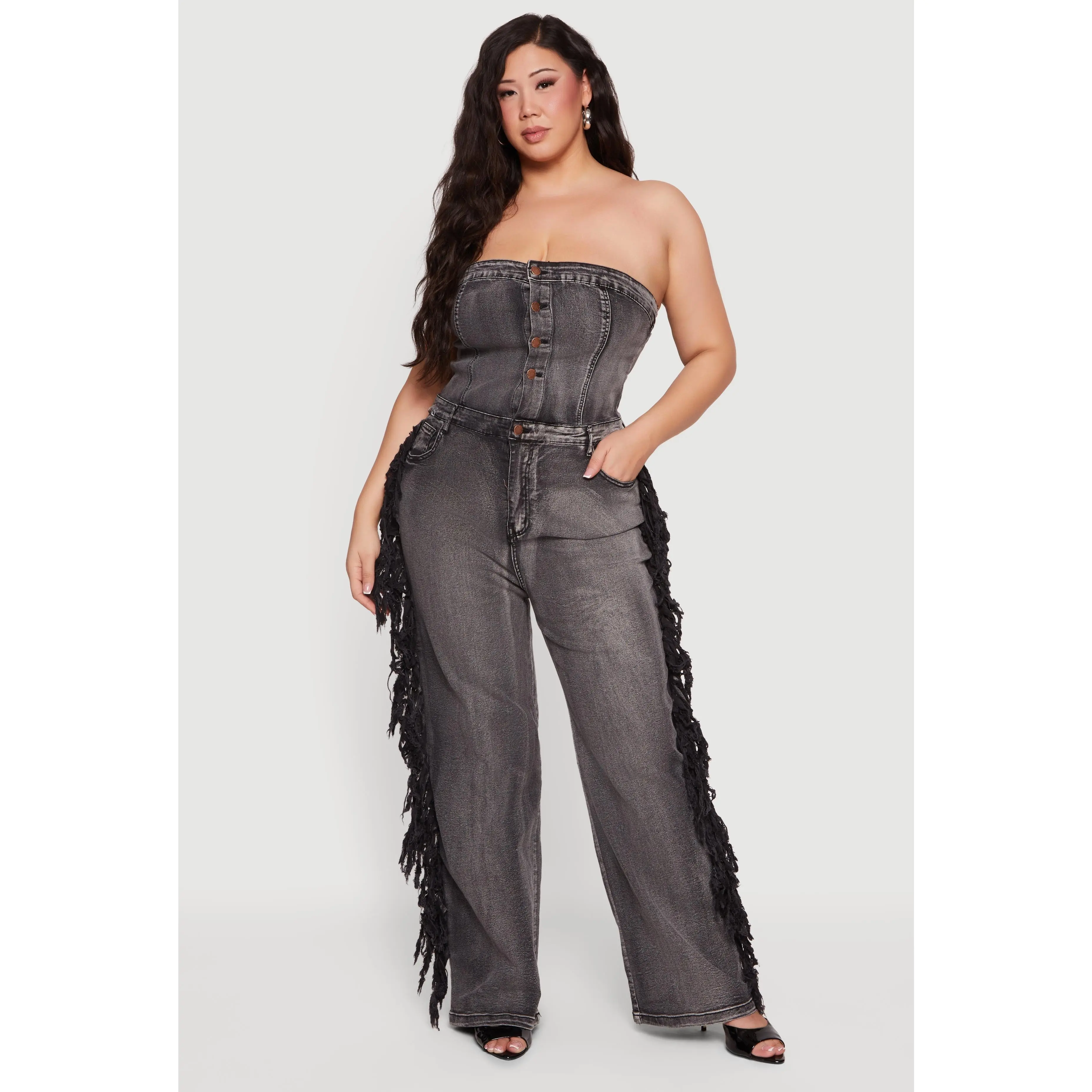 Plus Size Side Fringe Strapless Denim Jumpsuit
