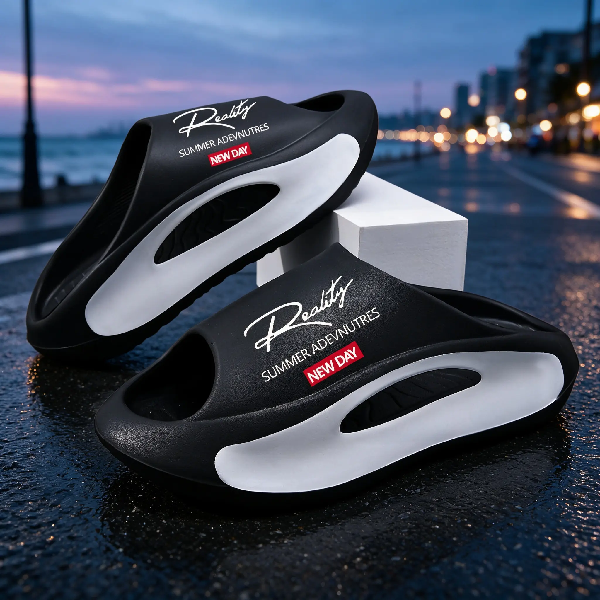 Men's Hollow-Cut Recovery Cloud Slides, Soft EVA Foam Pillow Slippers, Trendy Tech-Style Non-Slip Open-Toe Sandals for Gym, Home Use Boy Walking Shoes Flipflop Black