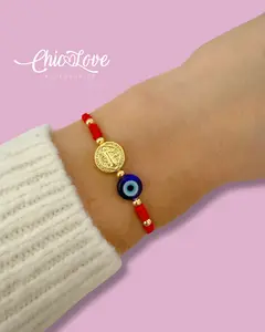 Saint Benedict Red String Bracelet, Nylon Cord with 18K Gold Plated Medal, Adjustable Unisex Bracelet