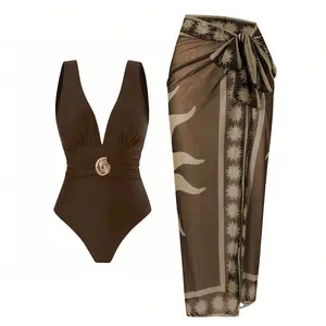 French Retro Deep V One Piece Swimsuit Set with Floral Print Sarong Cover Up
