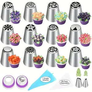 27 piece Russian style piping nozzle set, cake decoration tool, suitable for cupcakes, cookies, birthday parties, including 12 piping nozzles+10 disposable cream bags+2 leaf shaped piping nozzles+2 joints+1 silicone piping bag