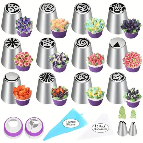 27 piece Russian style piping nozzle set, cake decoration tool, suitable for cupcakes, cookies, birthday parties, including 12 piping nozzles+10 disposable cream bags+2 leaf shaped piping nozzles+2 joints+1 silicone piping bag Baking Tools Baking Supplies