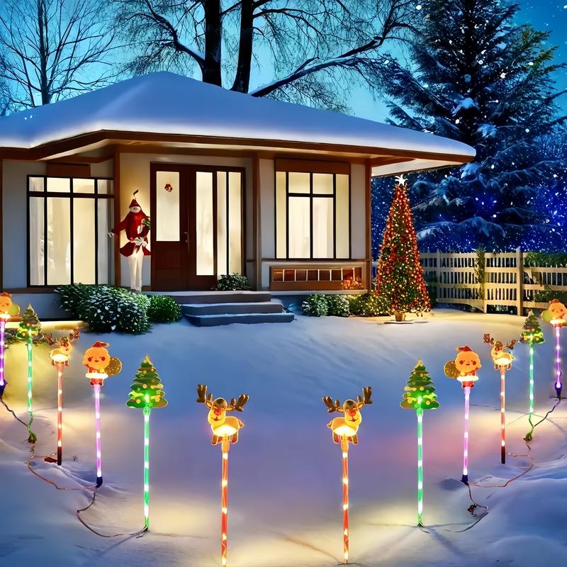 6-Pack Solar Christmas Decorative Lights Christmas-Themed LED Fairy Lights Featuring Santa Claus, Christmas Trees, and Reindeer Plastic Material IP44 Waterproof Rating Ideal for Lawn and Garden Pathway Decorations Holiday Decorations