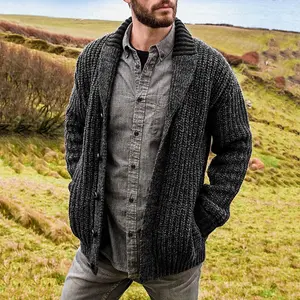 2026 Men's Cable Knit Cardigan Shawl Collar Button Down Sweater Casual Winter Outerwear