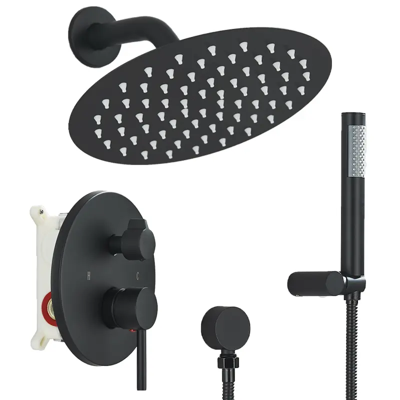 Matte Black Wall-Mounted High-Pressure Shower System Combo, 8-in Round Rain Shower Head, Brass 2-Way Mixer Valve (Rough-In Included), Cylindrical Handheld Spray with 150 cm Hose