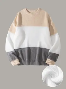 Men's autumn and winter simple basic three-color contrast design round neck long sleeve knitted pullover sweater, fashionable ins style, comfortable fabric, suitable for going work, commuting, outdoor activities and other occasions