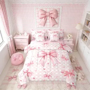 Kawaii Bowknot Girls 7 Piece Comforter Bed Set with Sheets,Dreamy Princess Pink Bow Bed Bag,Cute Bow Tie Bedding Set,Kids Teens Women,Checkered Bed Set