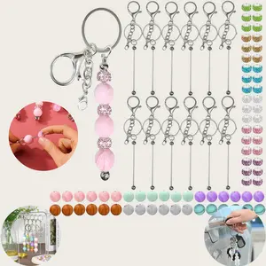 84-Piece Silver Beadable Keychain Strip Set with Metal Bars and Beads, Cute Customizable DIY Pendant, Premium Mini Fashion Accessory, Handmade Christmas Gift