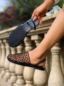 Summer New Mesh Flat Sandals, Women's Hollow Out Fishnet Back Strap Slippers, Casual Outerwear Shoes, Textile Upper, Rubber Sole