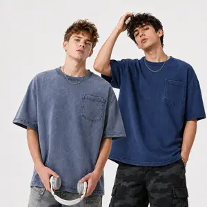 1/2 Pack Men’s Oversized Washed Denim Pocket T-Shirt, Heavyweight Vintage Wash Crew Neck Short Sleeve Tee for Daily Wear, Gym, Travel and Streetweark