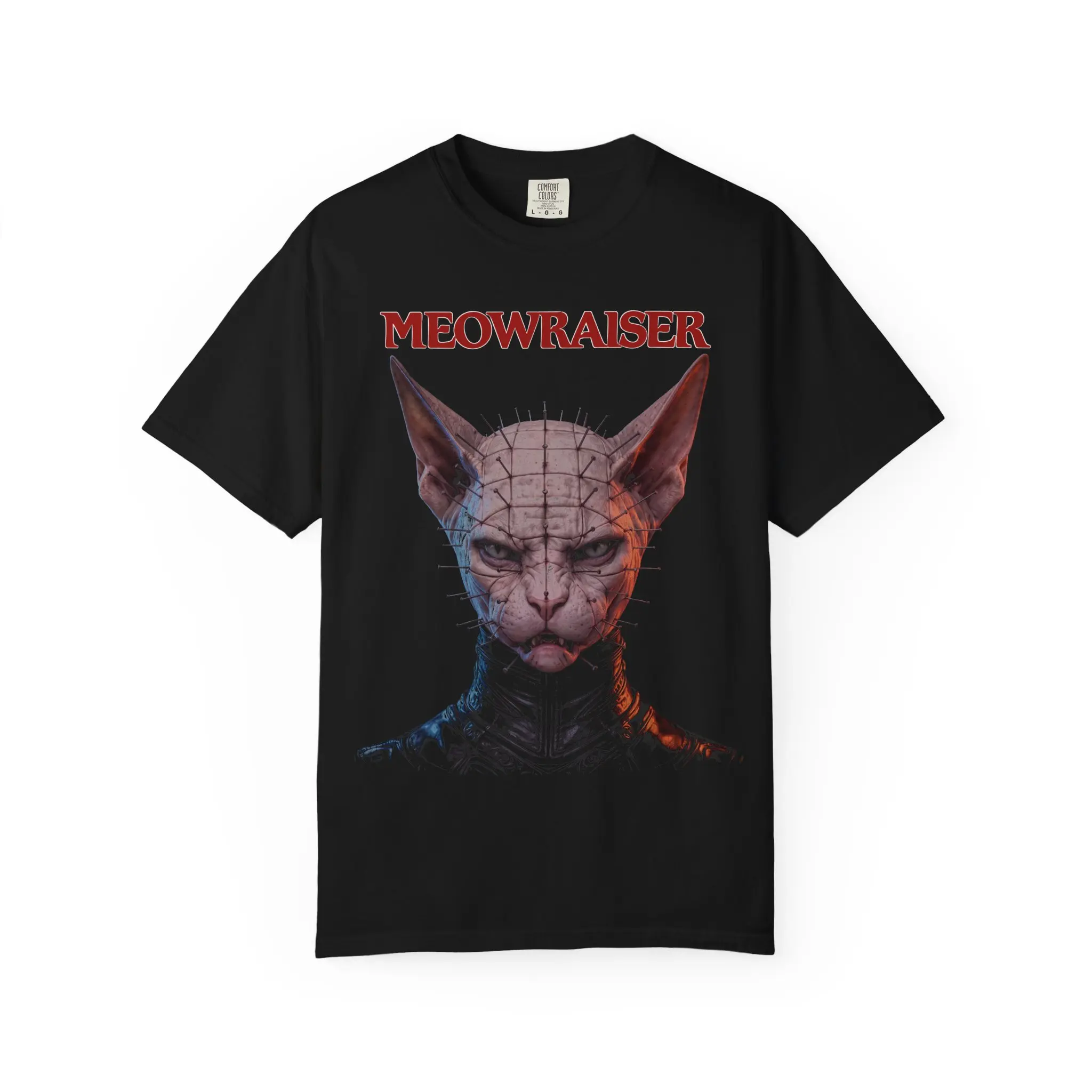 MEOWRAISER Sphynx Cat T-Shirt – Horror Inspired Hellraiser Pinhead Cat Graphic Tee, Double-Sided, Comfort Colors, Creepy Halloween Shirt, Dark Cat Lover Tee, Funny Horror Parody Shirt, Spooky Unisex Black Graphic Vintage 90s Tee