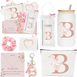 Personalized Gift for Women, 9pcs Birthday Gifts for Teen Girls, Teens Trendy Stuff, Initial Glass Cup, Cute Monogrammed Gifts for Women, Teen Girl, Sister, Daughter, Friends-B