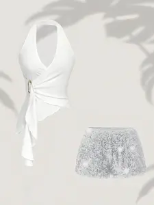 Spring Autumn Pure Desire Halter Top, Asymmetrical Irregular Hem Design, Sparkling Sequins, Sexy Short Pants Two-Piece Set, Slimming Fashion