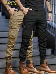 2-pack men’s heavy-duty cargo pants with multiple pockets — menswear cargo pants featuring a drawstring waist and zippered pockets — tactical work pants/paratrooper pants — suitable for outdoor activities, Halloween, Christmas parties, hiking, constructio