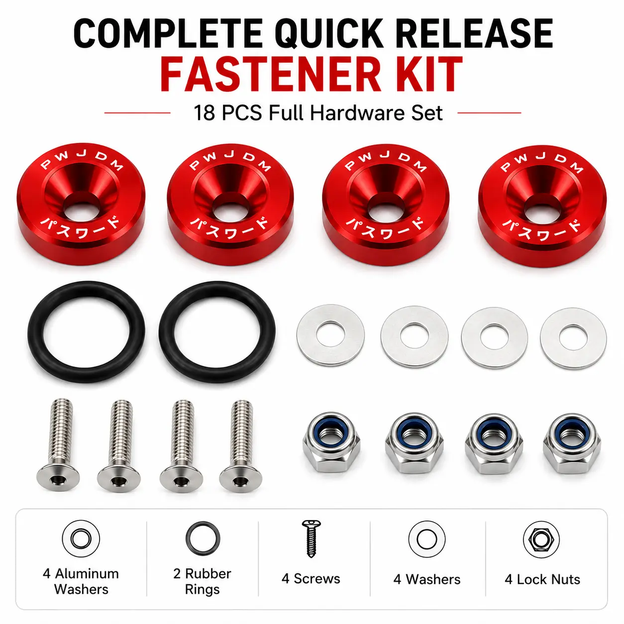 1 Set Car Bumper Quick Release Fastener Kit with 4 Aluminum Washers, 2 Rubber Rings, Screws, Nuts and Flat Washers for Front or Rear Bumper Fender Mounting, 4 Colors